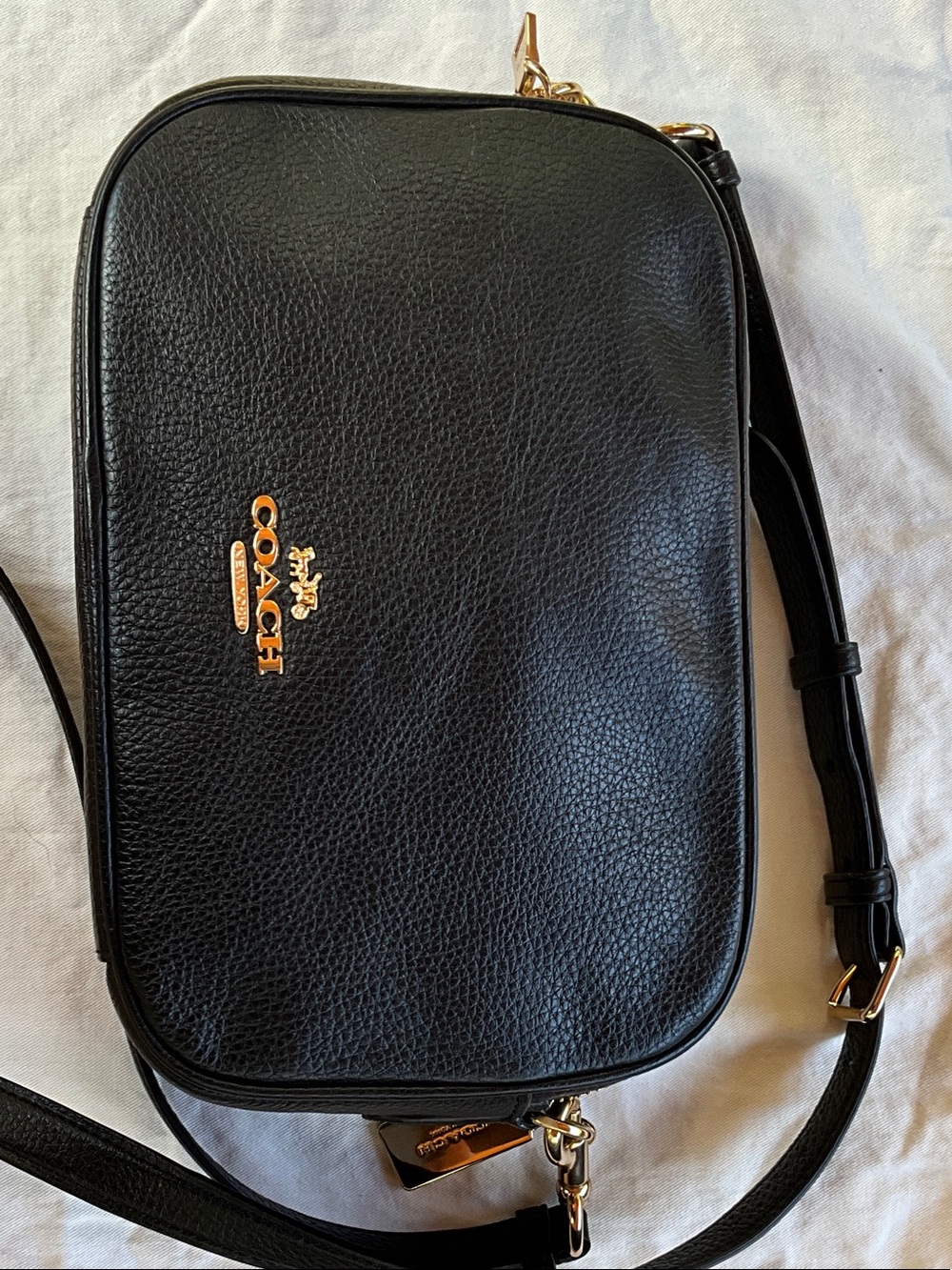 Coach Black Pebbled Leather Double-Zip Crossbody with Gold Hardware